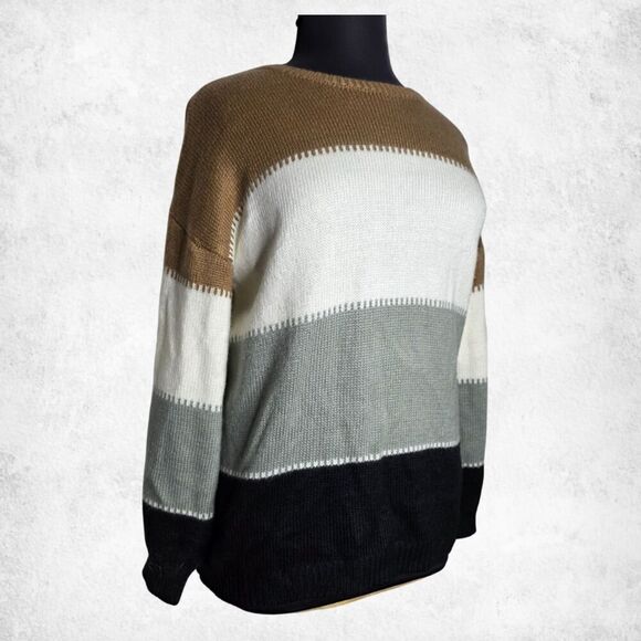 Angashion Colorblock Sweater XL – Neutral Brown Gray Black Knit Pullover - Picture 6 of 7